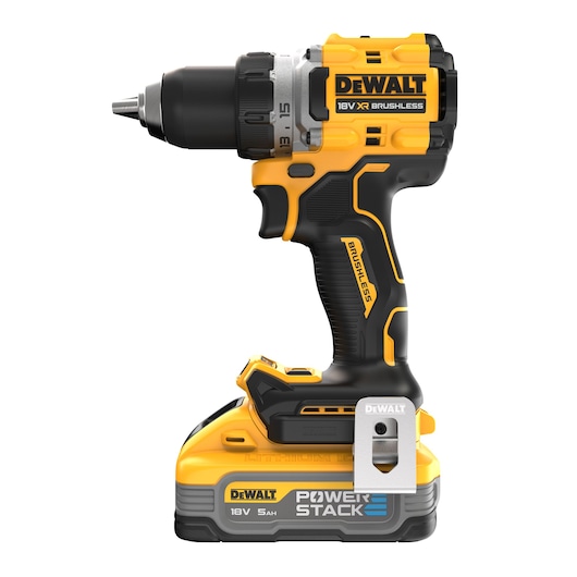 DEWALT 18V XR Brushless cordless drill driver with POWERSTACK battery, shown upright on a white background.