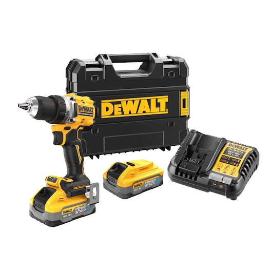 A DEWALT cordless power drill set including a yellow and black drill, two battery packs, a battery charger, and a hard carrying case with DEWALT branding.