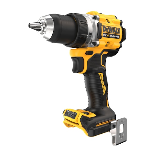 Cordless yellow and black DEWALT DCD800NT brushless drill, featuring a comfortable black handle, metal belt clip, and XR 18V marking on the body.
