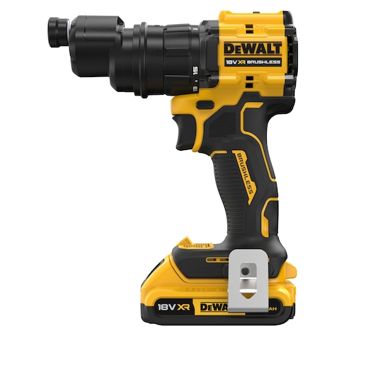 A yellow and black DEWALT 18V XR brushless cordless drill with a side clip and ergonomic grip, shown from the side.