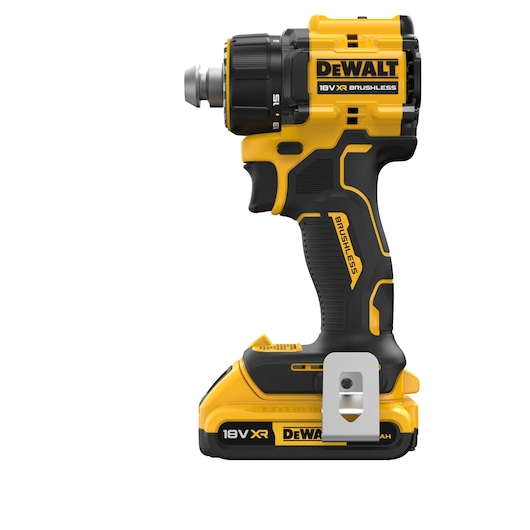 A yellow and black DEWALT cordless drill with an 18V XR brushless motor, shown in a side profile view on a white background.