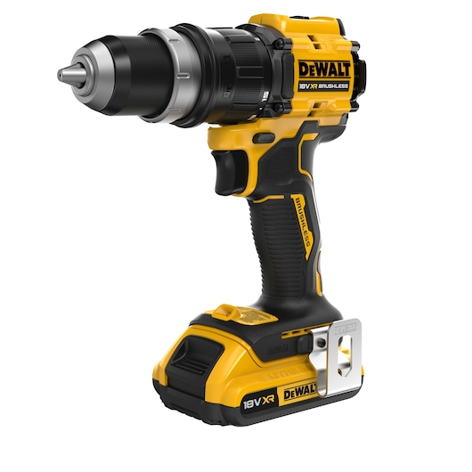 A yellow and black DEWALT 18V XR brushless cordless drill with a metal belt clip, shown upright against a white background.
