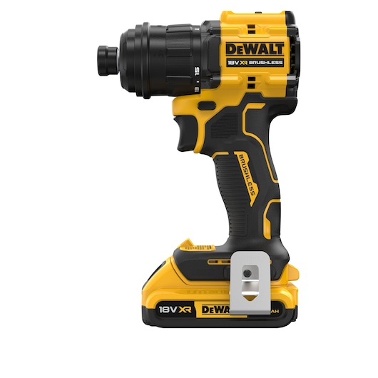 A DEWALT 18V XR brushless cordless drill with a yellow and black design, shown standing upright with the battery attached.
