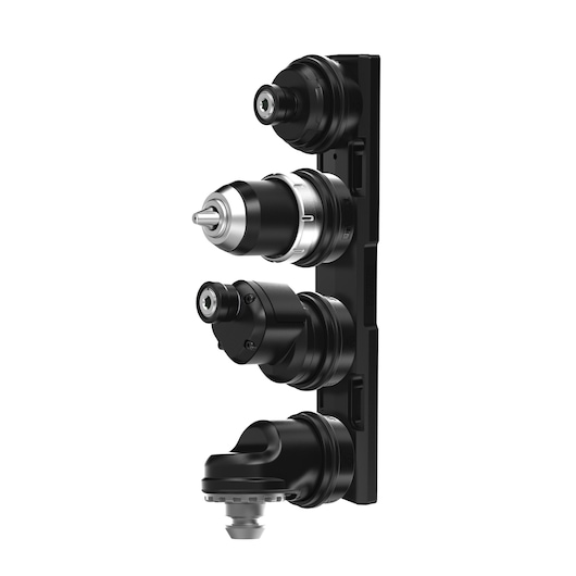 Four interchangeable tool attachments mounted vertically on a black holder, including a drill chuck and angled adapters, designed for use with DEWALT power tools.