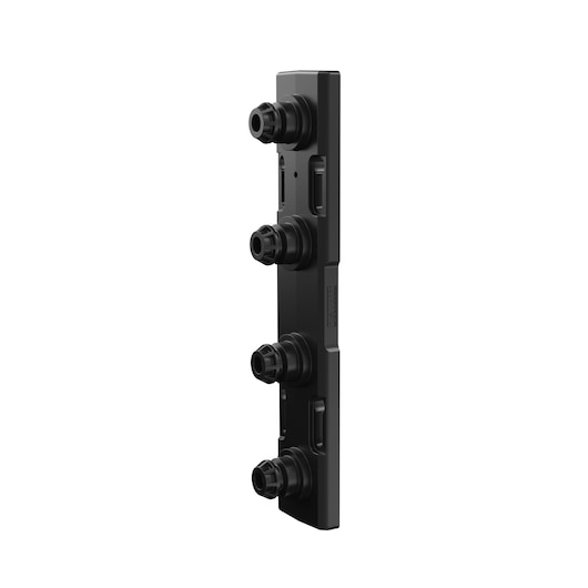 A black DEWALT accessory with four protruding connector components arranged vertically on a rectangular base, photographed against a white background.