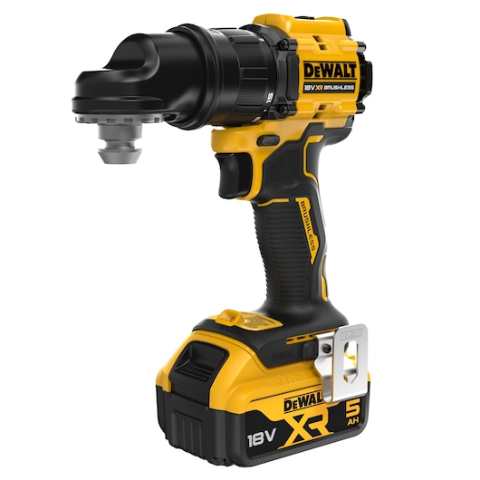Cordless yellow and black DEWALT 18V XR Brushless right angle drill with 5Ah battery pack, photographed on a white background.