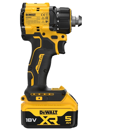 DEWALT cordless drill driver, model DCD803P2T, shown in a side profile. The tool is yellow and black, features an 18V XR 5.0Ah battery, and has 'BRUSHLESS' labeled on the handle.
