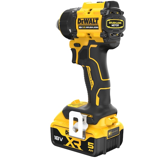 A DEWALT cordless drill with a black and yellow brushless motor, featuring an 18V XR battery with 5Ah capacity, shown on a white background.