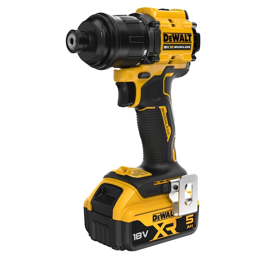 A DEWALT 18V XR brushless cordless drill driver with a 5Ah battery, featuring a yellow and black design, ergonomic handle, and metal belt clip.