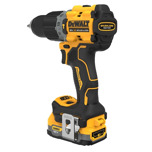 A Dewalt 18V XR brushless cordless drill with yellow and black design, featuring a brushless motor and ergonomic handle.