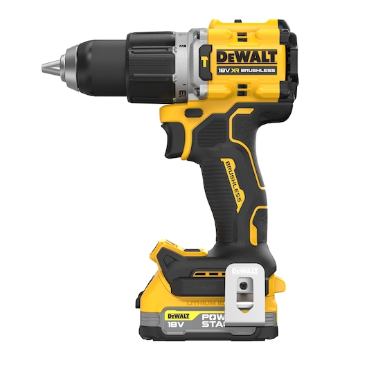 A DEWALT 18V XR Brushless cordless drill, featuring a yellow and black design, lithium-ion battery, and ergonomic handle.