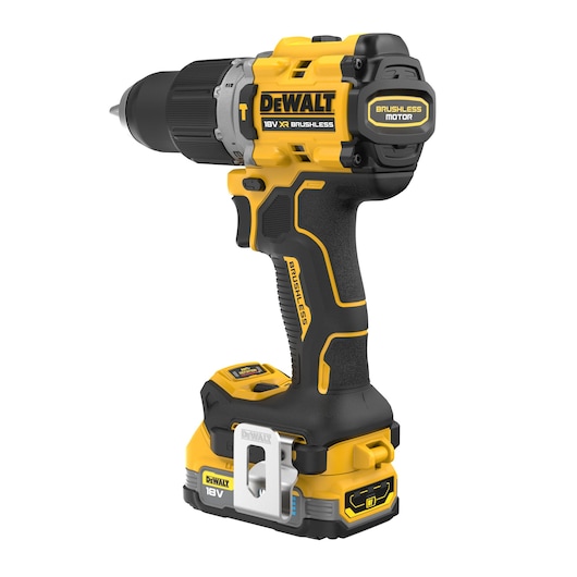 A DEWALT 18V XR brushless cordless drill with a yellow and black design, featuring a brushless motor, ergonomic grip, and battery attached at the base.