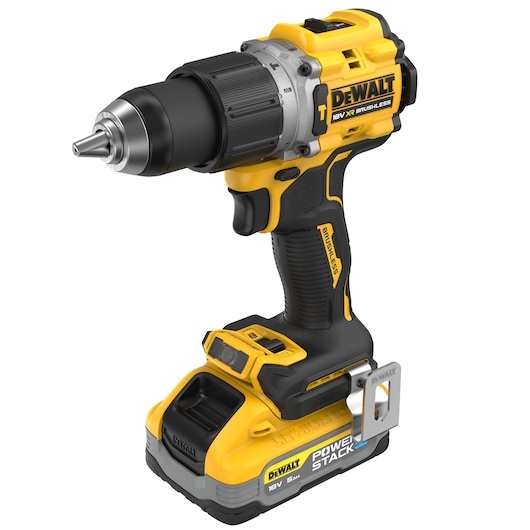 A DEWALT 18V XR Brushless cordless drill driver, featuring a yellow and black design with PowerStack lithium battery and ergonomic handle.