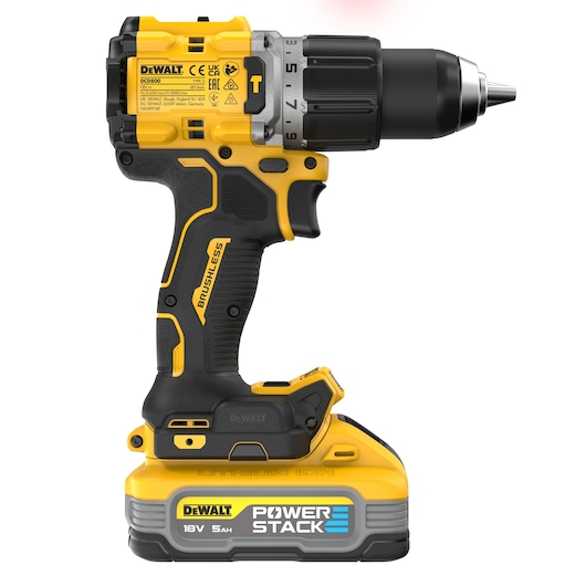A DEWALT cordless drill, model DCD805H2T, shown standing upright with a yellow and black body. It features a BRUSHLESS motor and is equipped with an 18V 5Ah POWERSTACK lithium-ion battery.