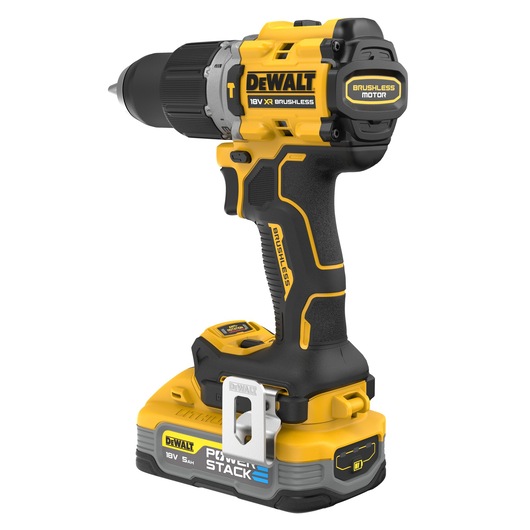 A DEWALT branded cordless drill with an 18V XR brushless motor and POWERSTACK 5Ah battery. The tool is primarily yellow and black, featuring a metal belt clip and ergonomic design.