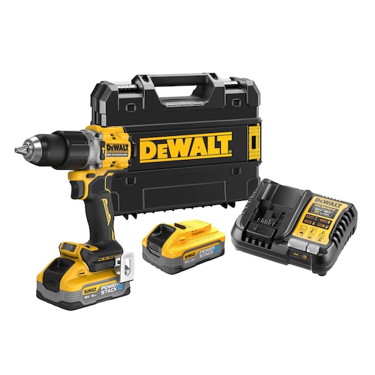 A DEWALT cordless drill kit including a drill, two PowerStack batteries, a battery charger, and a black carrying case with a DEWALT logo.
