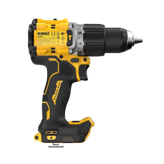 A DEWALT DCD805NT cordless brushless drill in yellow and black, shown in a side profile view with visible torque settings and labeling details.