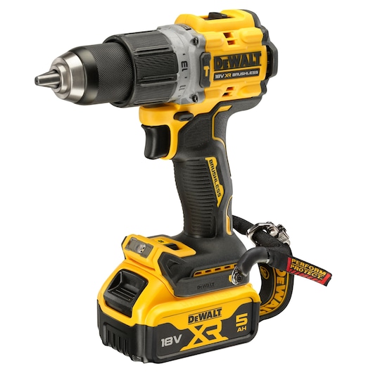 Yellow and black DEWALT cordless drill, 18V XR Brushless, with 5Ah battery.