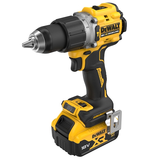 A yellow and black DEWALT cordless drill, model DCD805P2T, featuring an 18V XR lithium-ion battery and brushless motor.
