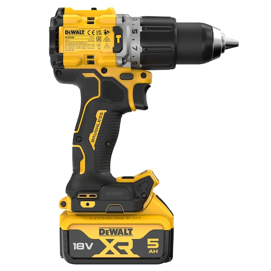 A DEWALT cordless drill driver, model DCD805P2T, shown with an 18V XR 5Ah lithium-ion battery attached. The tool has a yellow and black design, marked 'Brushless' on the handle, and features easy-grip areas, torque settings, and branding labels.