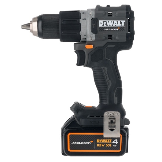 A DEWALT cordless power drill with a black and orange design, featuring McLaren branding and an 18V XR 4.0Ah battery.