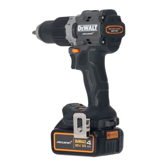 A DEWALT cordless power drill with a brushless motor and a black-and-orange design, featuring an 18V XR lithium-ion battery and McLaren branding.