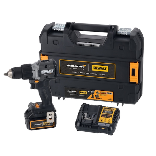DEWALT cordless drill set, featuring a black and yellow drill with battery, charging dock, and a matching hard carrying case branded with McLaren Formula Team and DEWALT logos.