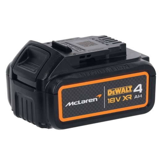 A DEWALT branded 18V XR lithium-ion battery with 4 Ah capacity, featuring McLaren branding, shown from an angled perspective.