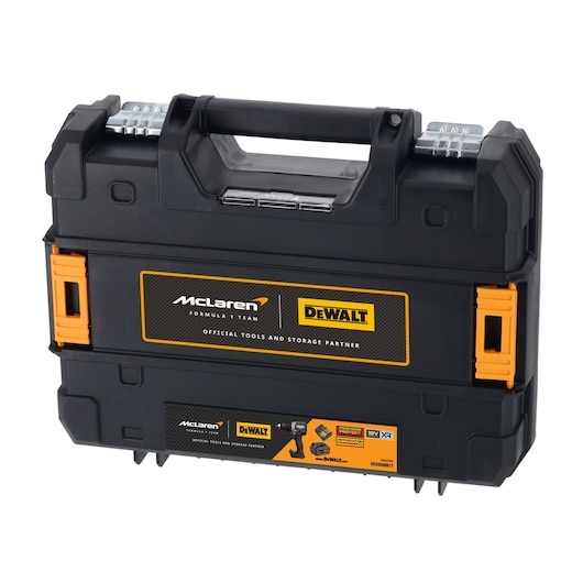 A black and orange DEWALT tool case with the McLaren Formula 1 Team branding. The case has a sturdy handle and metal latches, featuring labels indicating it is the official tools and storage partner.