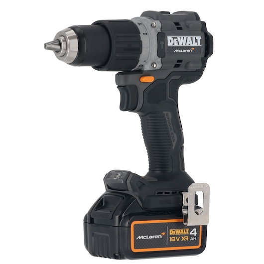 A DEWALT cordless drill with an 18V XR lithium-ion battery, featuring a brushless motor and McLaren branding.