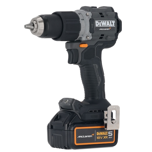 A DEWALT cordless power drill with a black and grey design. The drill is branded with 'McLaren' and 'DEWALT' logos, and has an 18V XR 5Ah battery attached at the bottom.