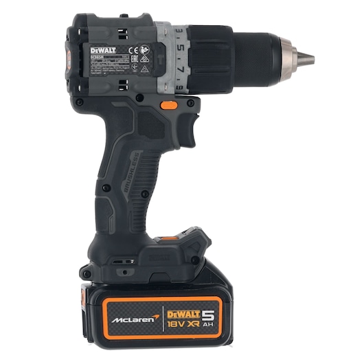 A cordless DeWALT drill with a black and orange design, featuring a brushless motor and an 18V XR lithium-ion battery. The McLaren branding is visible on the battery.