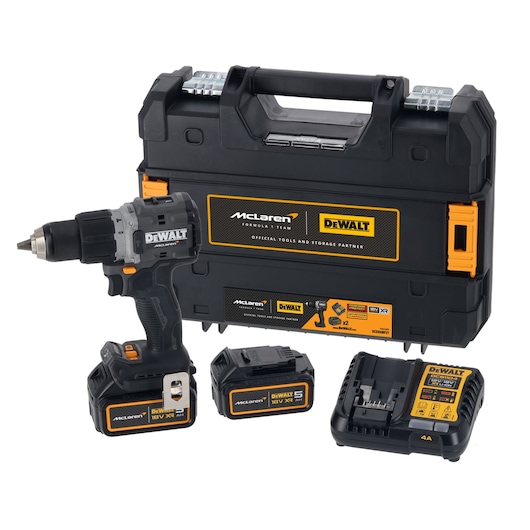 A DEWALT cordless drill set featuring a black and grey drill, two 18V XR lithium-ion batteries, a battery charger, and a sturdy black McLaren branded carrying case.