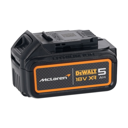 A DEWALT McLaren 18V XR 5Ah lithium-ion battery pack with black and orange branding, designed for power tools.