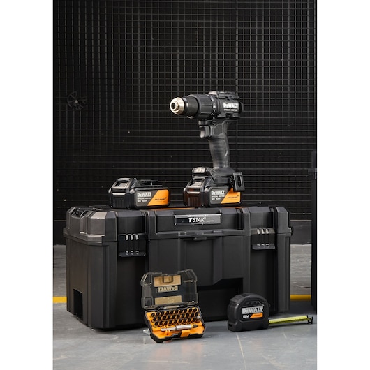 DEWALT x McLaren F1 Team 18V XR Special Edition Hammer Drill Driver with 4Ah battery, single 4Ah battery, tape measure,  bit set and storage box