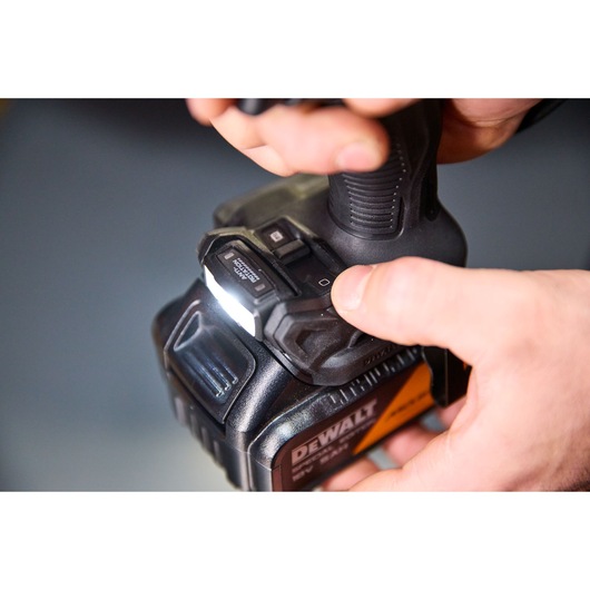 LED light on the DEWALT x McLaren F1 Team 18V XR Special Edition Hammer Drill Driver with 5Ah battery