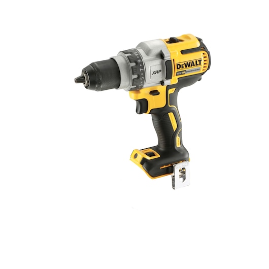 A DEWALT cordless drill driver, model DCD991NT, shown against a white background. The tool is yellow and black, featuring a textured grip and metal belt hook.