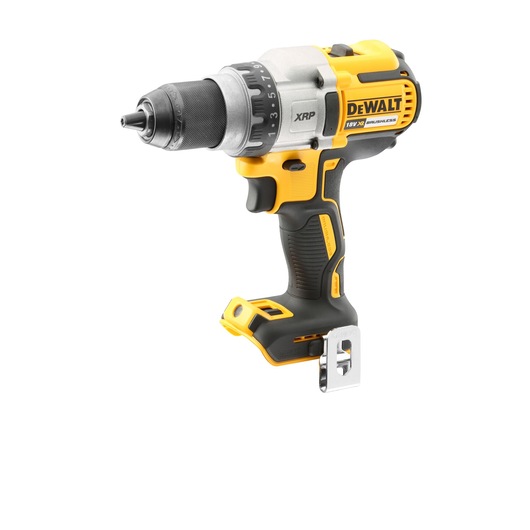 A DEWALT cordless drill driver, model DCD991NT, featuring a yellow and black design, brushless motor, and metal belt clip.