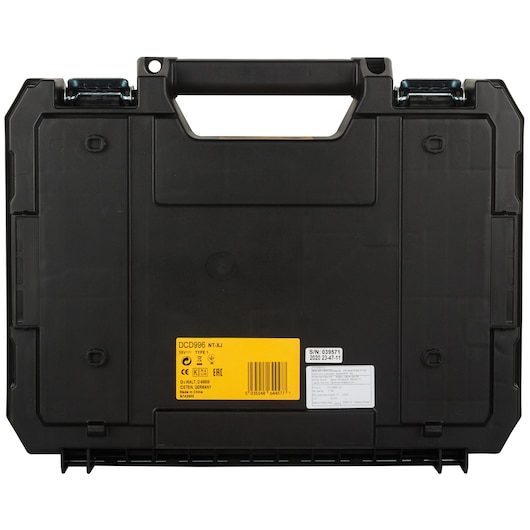 A black and rugged DEWALT carrying case for the DCD996NT tool, shown closed from the front. The case features a sturdy handle and metal clasps. There are two labels on the front, one yellow with product information, and another white label with additional details.