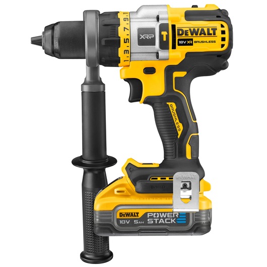 A DEWALT DCD999H2T 18V XR brushless cordless power drill with a side handle and a POWERSTACK 5Ah battery, shown against a white background.