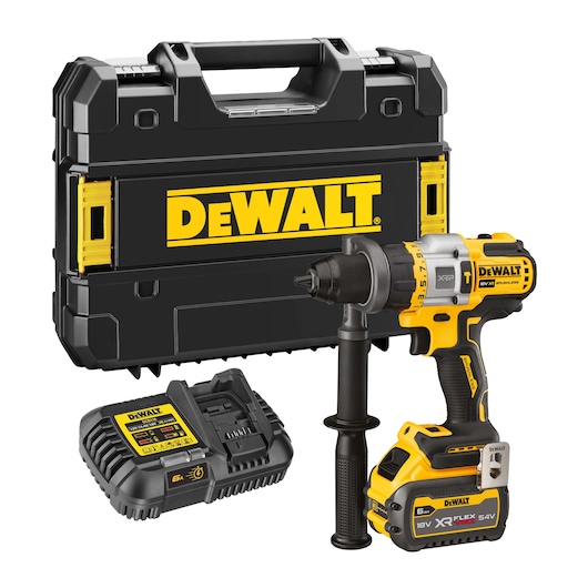 A Dewalt cordless power drill set, including a yellow and black drill with attached battery, a battery charger, and a sturdy black carrying case with the Dewalt logo.