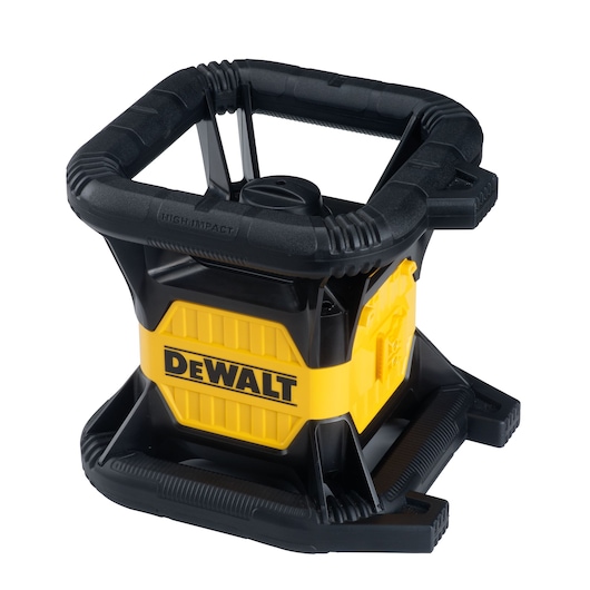 DEWALT photography kit with charger, red glasses, yellow mounts, and target card, all arranged on white background.