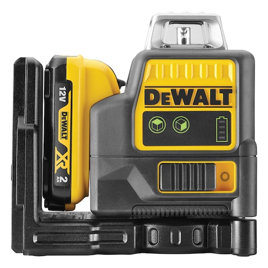 DEWALT DCE0811D1G green laser level device with rechargeable battery, used for alignment and leveling tasks.