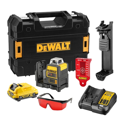 DEWALT photography product kit including a sturdy black and yellow carrying case, a laser level device, a battery, a charger, a red measuring target, a mounting bracket, and safety glasses with red lenses.