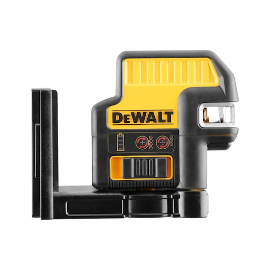 Side view of a DEWALT DCE0822D1R electronic self-leveling cross line laser level in yellow and black, mounted on a base.