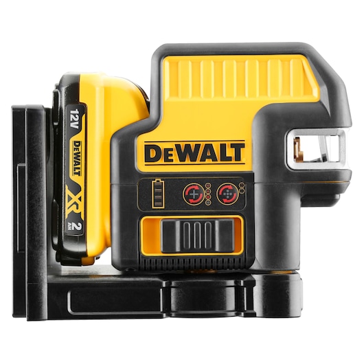 Side view of a DEWALT DCE0825D1R 12V XR self-leveling multi-line laser level, featuring a yellow and black body with visible battery pack and control panel.