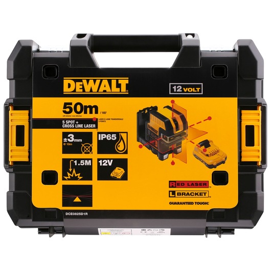 DEWALT 12V cross line laser kit case with specs and product illustration on yellow-black background.