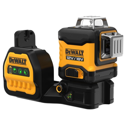 DEWALT 12V/18V cordless green cross line laser level with black and yellow casing, showing both the main unit and the accompanying electronic component.