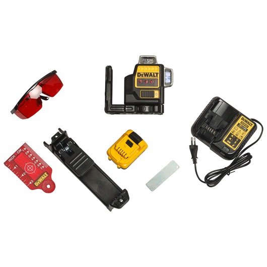 DEWALT laser level kit with laser, charger, battery, red glasses, bracket, target card, and accessory.