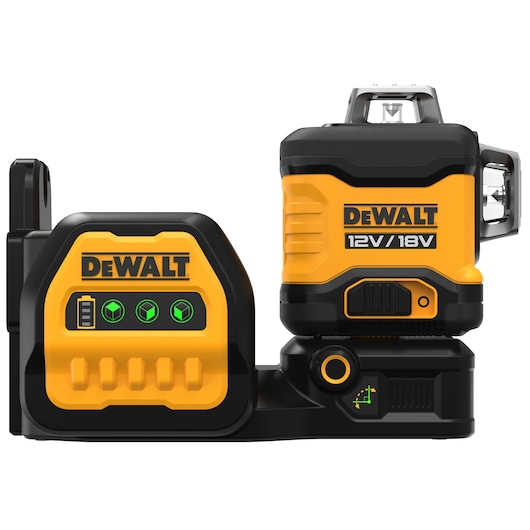 DEWALT 12V/18V yellow and black laser level device with control panel and battery indicator, designed for professional measuring and leveling applications.